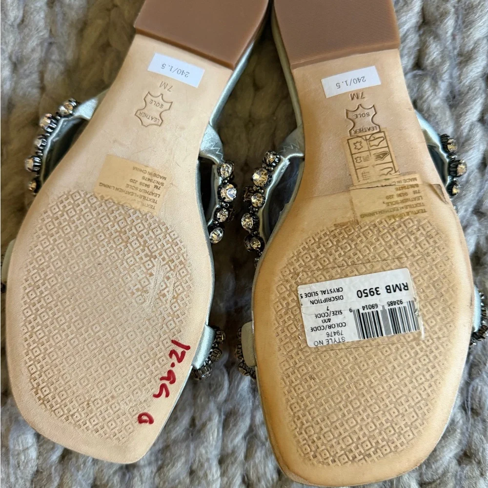 Tory Burch Crystal-Embellished Silver Quilted Slide Sandals - Women size 7